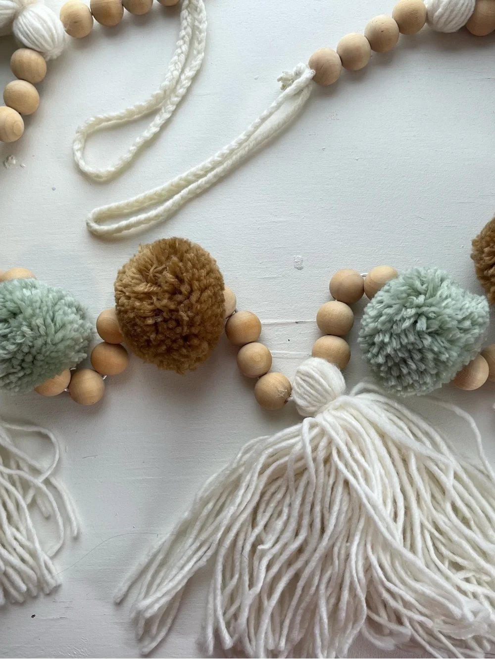 6 Ft Boho Wood Bead Garland Tassels Sage Green Pom Poms Farmhouse Dec